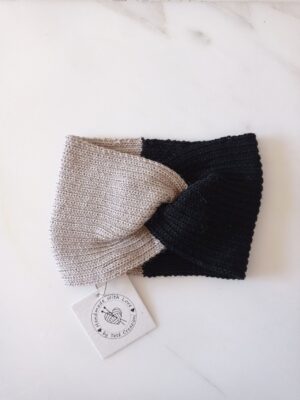 Fascia/turbante per capelli bicolore nera e tortora